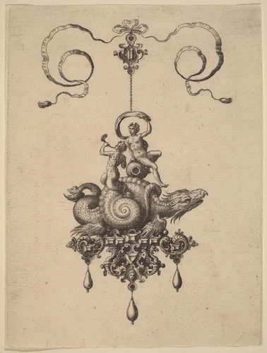 Design for a Pendant with a Sea-Monster in a Shell Carrying a Triton and a Woman with a Sail by Adriaen Collaert, print, 1582