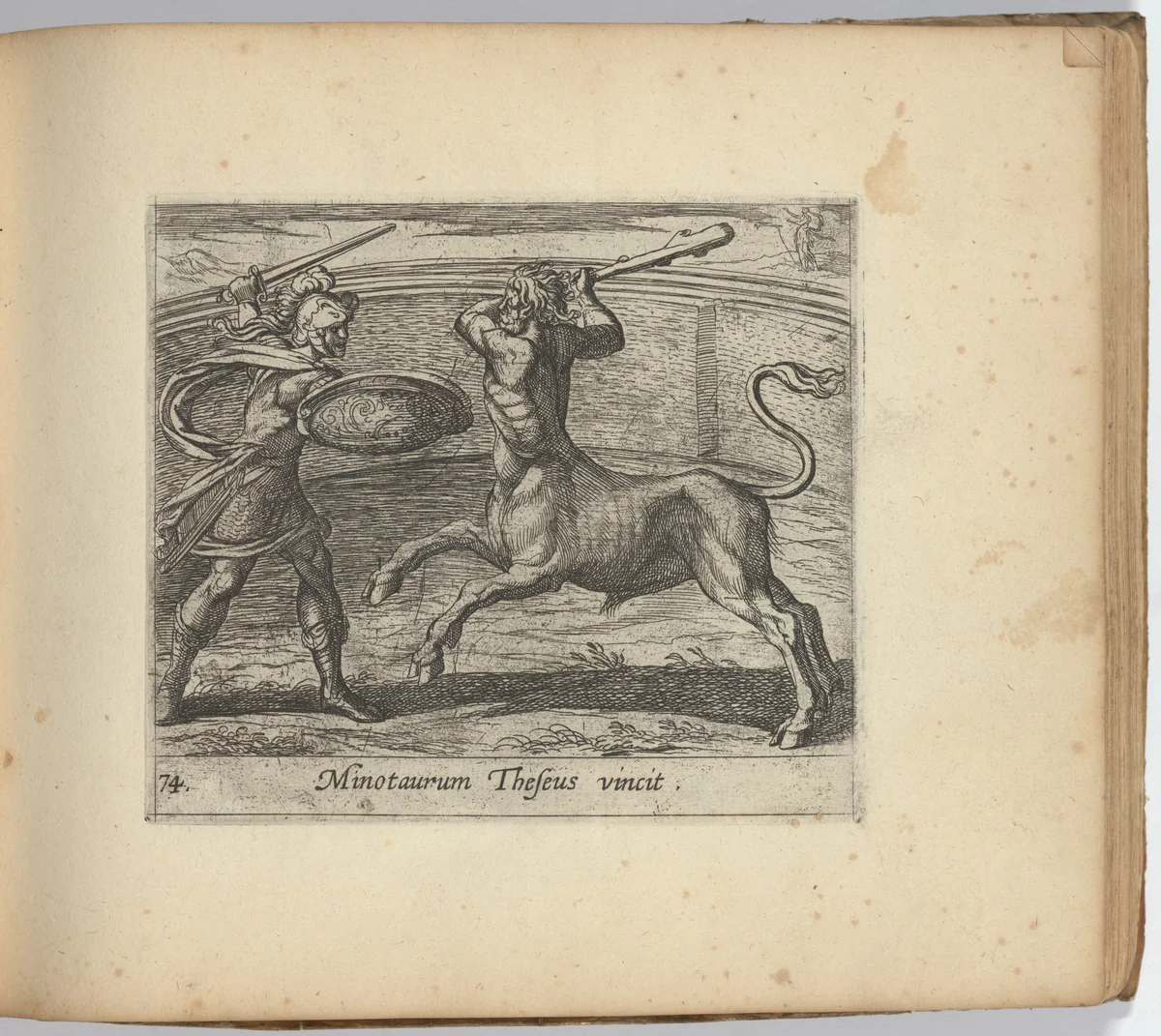 Theseus and the Minotaur (Minotaurum Theseus vincit), plate 74 from "The Metamorphoses of Ovid" (Metamorphosean Sive Transformationum) by Antonio Tempesta, print, 1606-1620