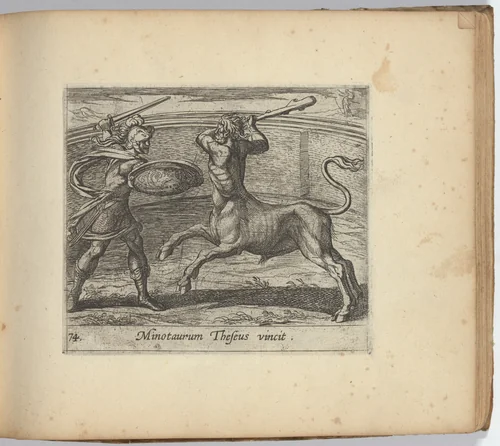 Theseus and the Minotaur (Minotaurum Theseus vincit), plate 74 from "The Metamorphoses of Ovid" (Metamorphosean Sive Transformationum) by Antonio Tempesta, print, 1606-1620