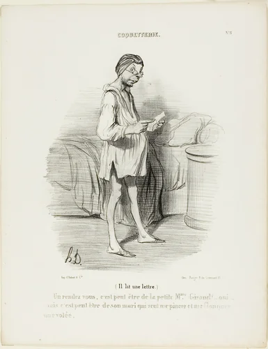 (He is reading a letter) “A date, could it be from the cute Mme Giraud?? Yes, but it could also come from her husband who wants to pinch me…,” plate 8 from Coquetterie by Honoré-Victorin Daumier, print, 1840