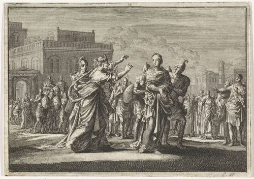 Marianne wordt weggevoerd om gedood te worden by Jan Luyken, print, 1704