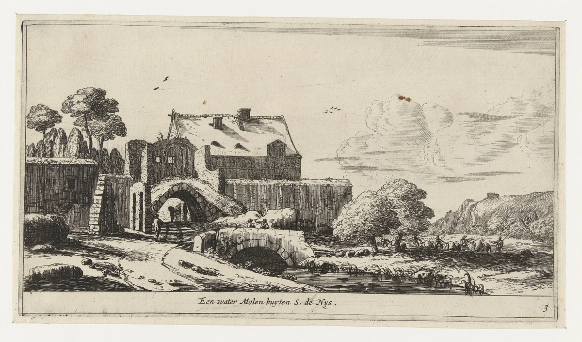 Watermolen bij Saint-Denis by Reinier Nooms, print, 1656-1662