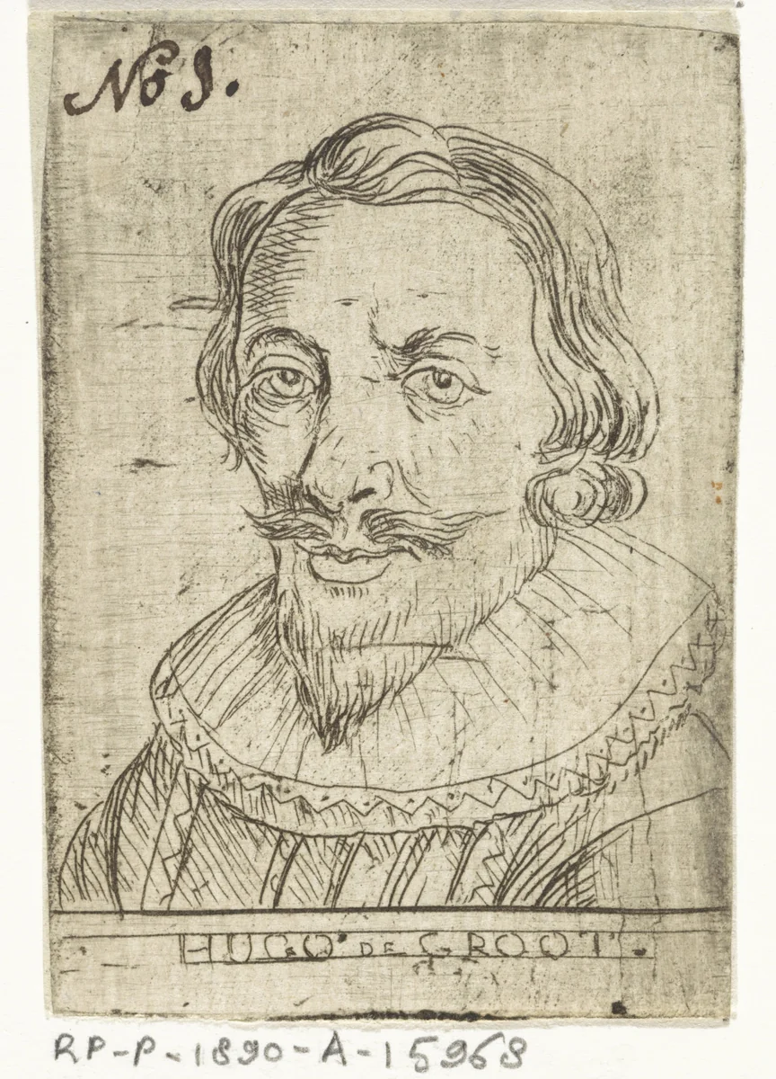 Portret van Hugo de Groot by Rienk Jelgerhuis, print, 1739-1806
