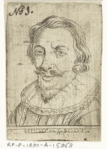Portret van Hugo de Groot by Rienk Jelgerhuis, print, 1739-1806