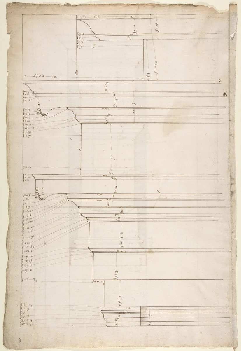 San Lorenzo, Library, Ricetto, entablature, elevation profile (recto) San Lorenzo, Library, Ricetto, column, elevation (verso) by anonymous, drawing, 1500-1560