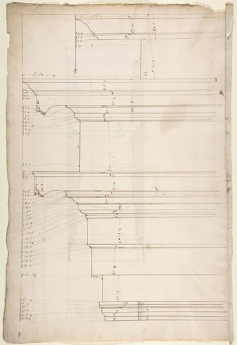 San Lorenzo, Library, Ricetto, entablature, elevation profile (recto) San Lorenzo, Library, Ricetto, column, elevation (verso) by anonymous, drawing, 1500-1560