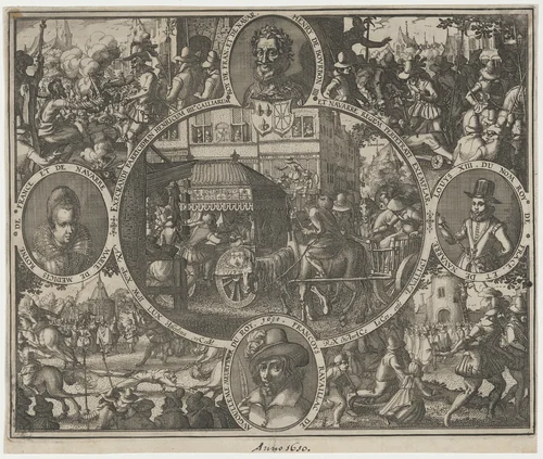 Henry IV of France, Marie de Medici, Louis XIII, Francis Ravaillac by Unknown 19th Century, print, 1610