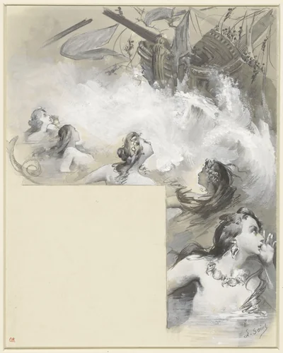 Meerminnen in de golven by Louise Anne Saint, drawing, 1875-1931