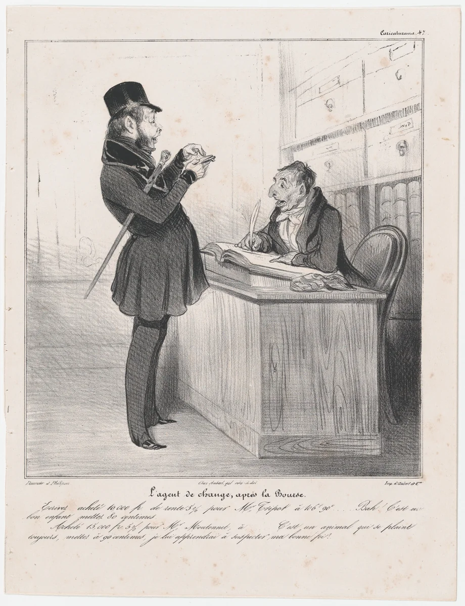 Plate 47: Stockbroker at the close of the day, from 'Caricaturana,' published in Les Robert Macaires by Honoré Daumier, print, 1838