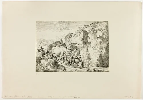 Herd Coming through an Arch of Rock by Christian Wilhelm Ernst Dietrich, print, 1740