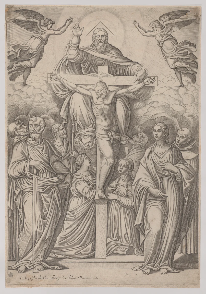 The Trinity, with the crucifixion at center and saints to both sides by Giovanni Battista Cavalieri, print, 1586