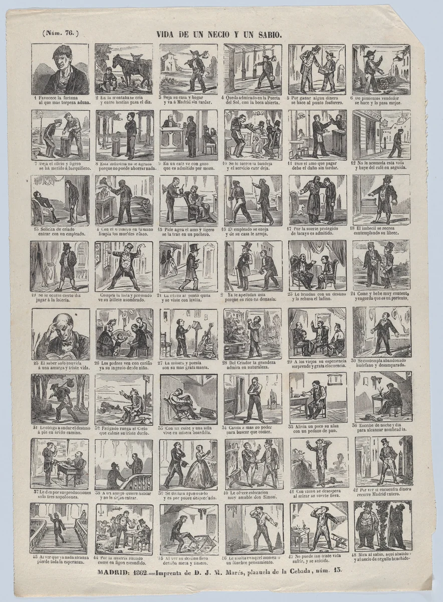 Broadside with 48 scenes depicting scenes from the life of a fool and wise man by José María Marés, print, 1862