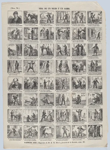 Broadside with 48 scenes depicting scenes from the life of a fool and wise man by José María Marés, print, 1862