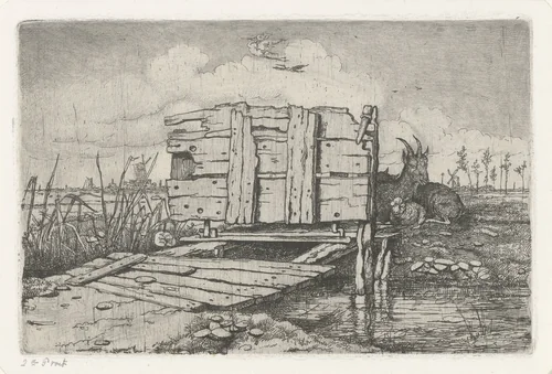 Brugje over een beek by Jacobus Ludovicus Cornet, print, 1825-1882