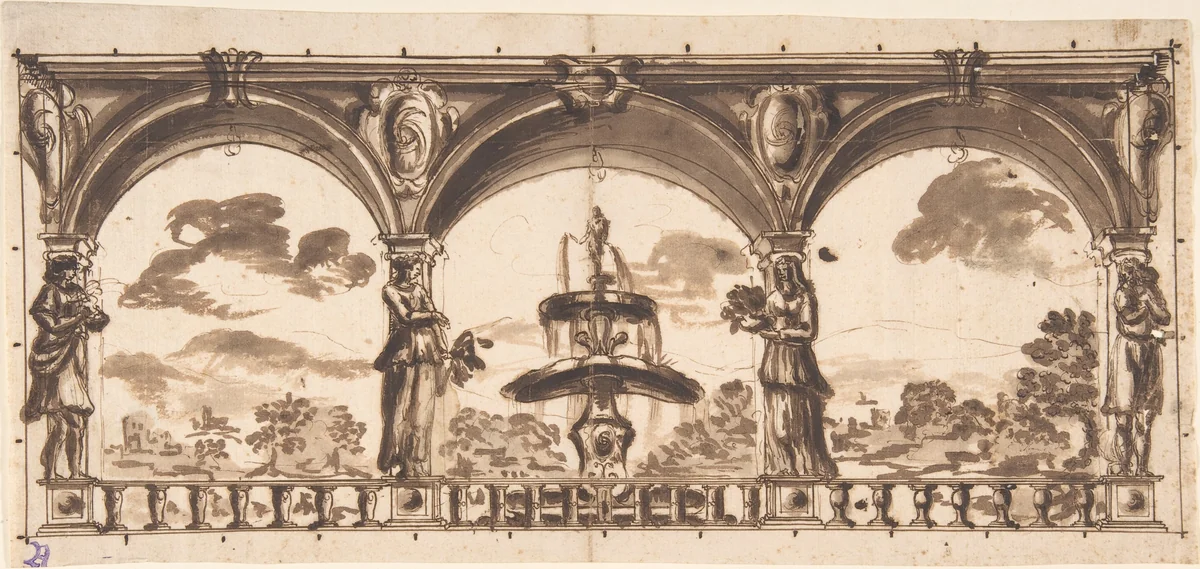 Loggia with Caryatids before a Fountain and Landscape by anonymous, drawing, 1600-1700