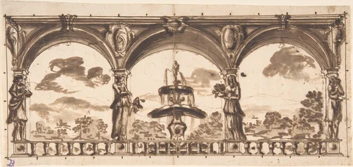 Loggia with Caryatids before a Fountain and Landscape by anonymous, drawing, 1600-1700