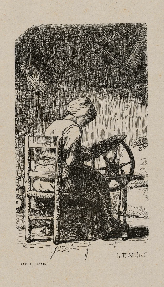 Woman Spinning by Jacques Adrien Lavieille, print, 1853
