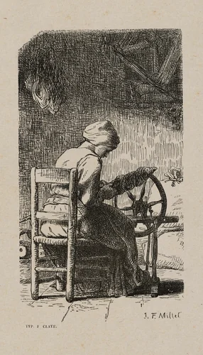 Woman Spinning by Jacques Adrien Lavieille, print, 1853