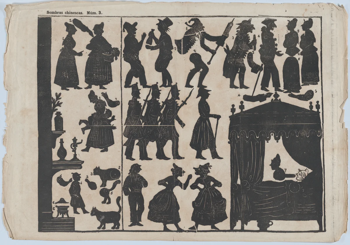 Sheet 3 of figures for Chinese shadow puppets by Juan Llorens, print, 1845-1855