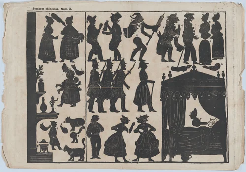 Sheet 3 of figures for Chinese shadow puppets by Juan Llorens, print, 1845-1855