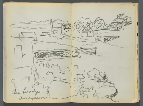 Sketchbook- The Granite Shore Hotel, Rockport, page 092 & 93: "The Bridge , Annisquam" by Maurice Prendergast, book, 1905-1910