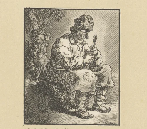 Man met stok en tulband zittend op een boomstronk by Johann Christian Klengel, print, 1761-1824