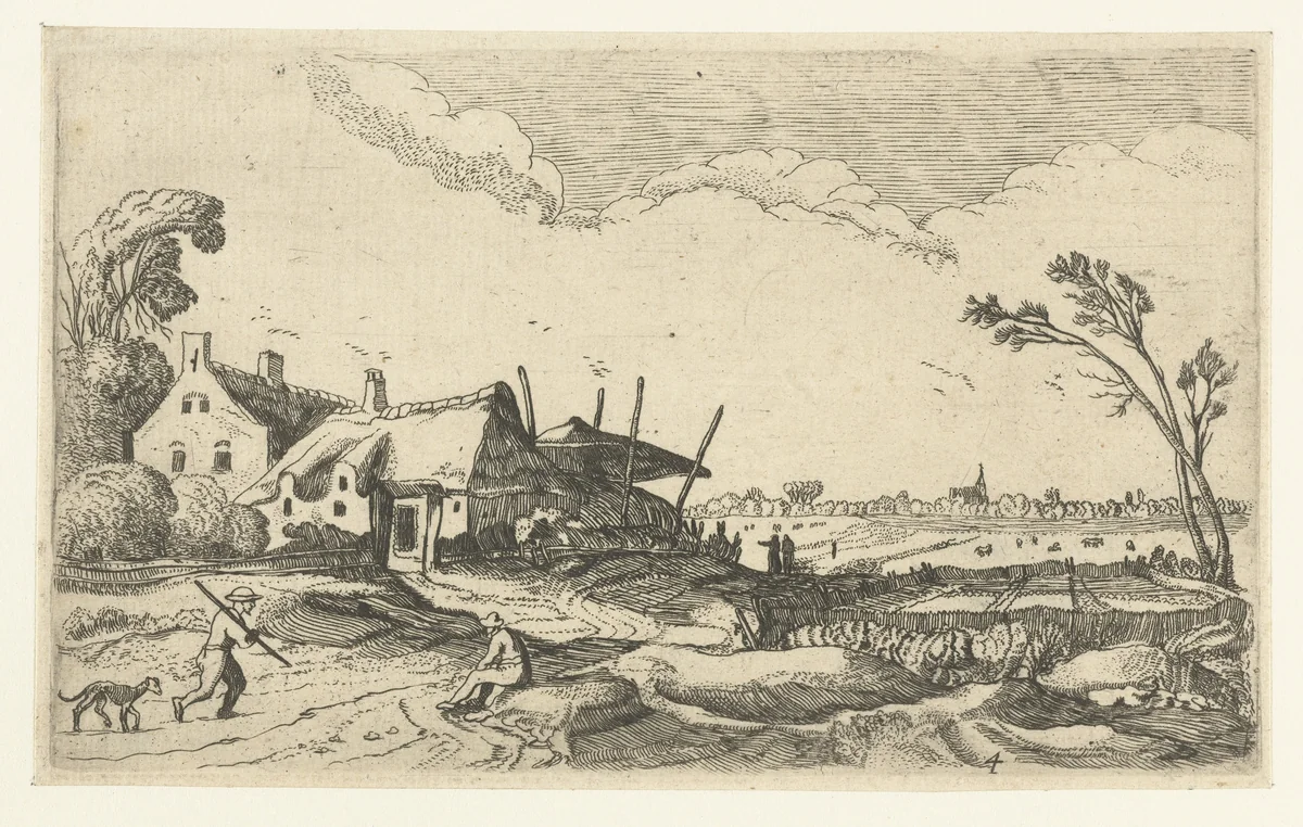 Boerderij aan een pad en vergezicht over velden by anonymous, print, 1614-1680
