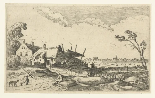 Boerderij aan een pad en vergezicht over velden by anonymous, print, 1614-1680