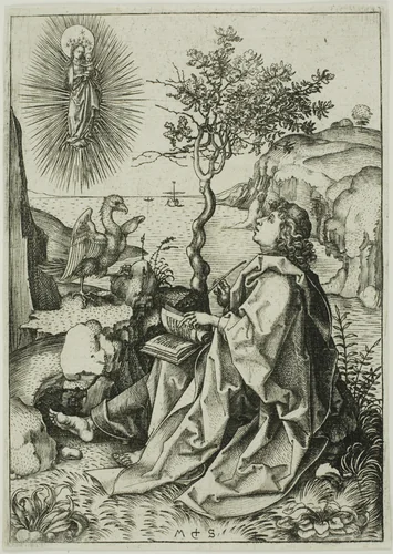 St. John the Evangelist on Patmos by Martin Schongauer, print, 1475-1485