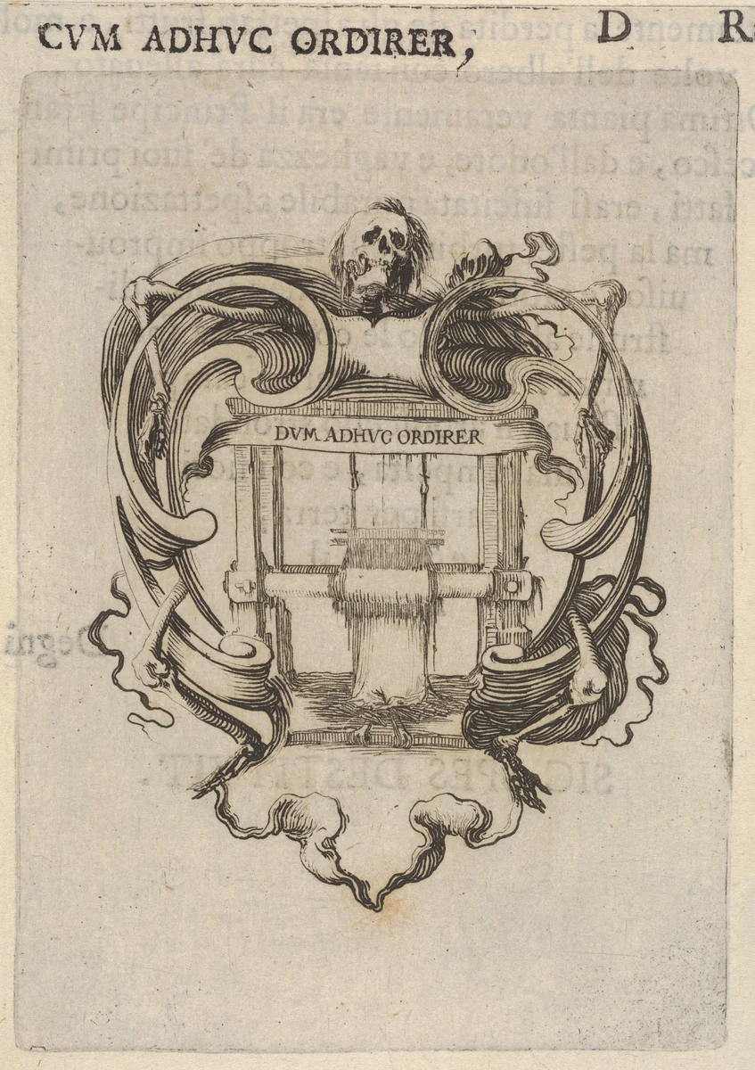 A cartouche with a loom, a skull at top, bones to either side, from "Eight Emblems for the Funeral of Francesco de Medici" (Huit emblèmes pour les funérailles du prince François de Médicis) by Stefano della Bella, print, 1640-1660