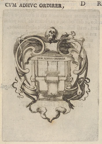 A cartouche with a loom, a skull at top, bones to either side, from "Eight Emblems for the Funeral of Francesco de Medici" (Huit emblèmes pour les funérailles du prince François de Médicis) by Stefano della Bella, print, 1640-1660