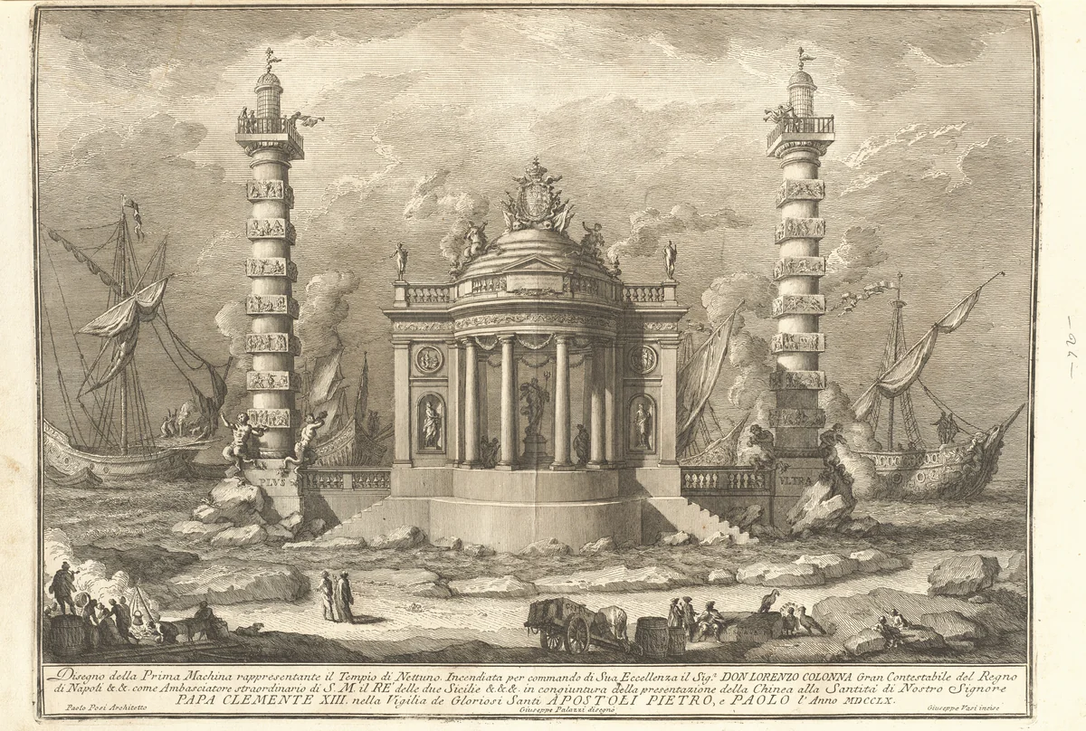 The Prima Macchina for the Chinea of 1760: The Temple of Neptune by Giuseppe Vasi; Giuseppe Palazzi; Paolo Posi; Various Artists, print, 1760