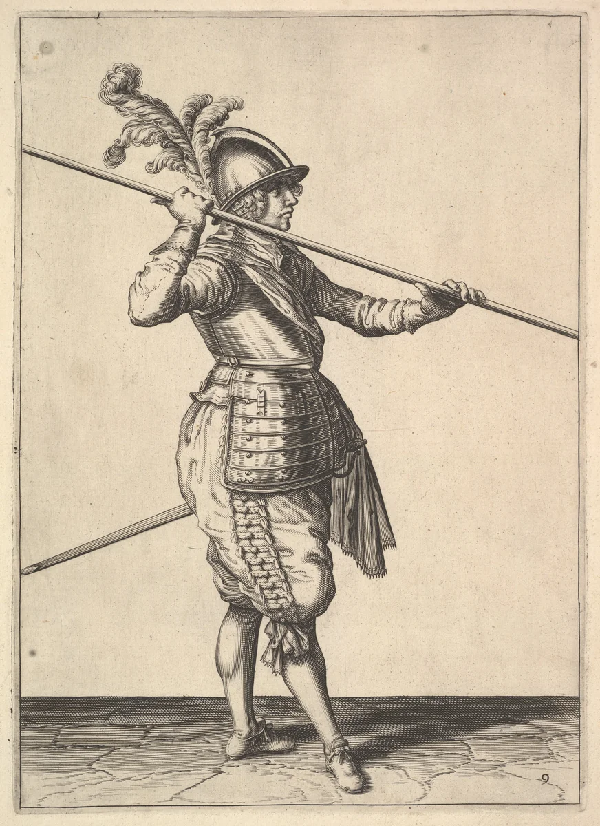 The second movement for bringing the pike on to the shoulder and holding it horizontally, from the Lansquenet series, plate 9, in "Wapenhandelinghe van Roers Musquetten Ende Spiessen" (The Exercise of Arms) by Jacques de Gheyn II, print, 1575-1629