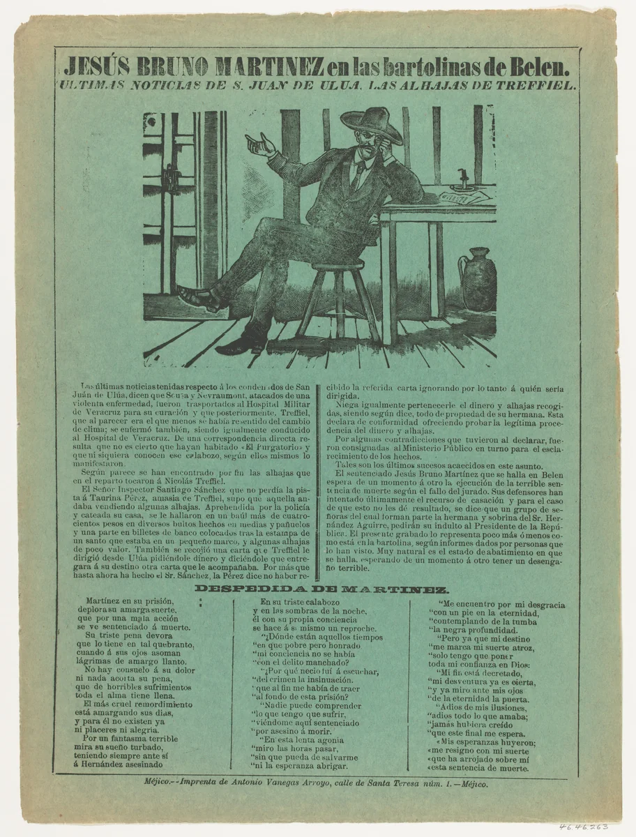 Broadsheet relating to Jesús Bruno Martinez who was in prison in Belen by José Guadalupe Posada, print, 1892