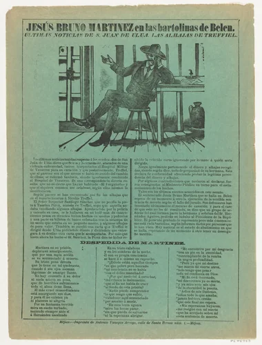 Broadsheet relating to Jesús Bruno Martinez who was in prison in Belen by José Guadalupe Posada, print, 1892
