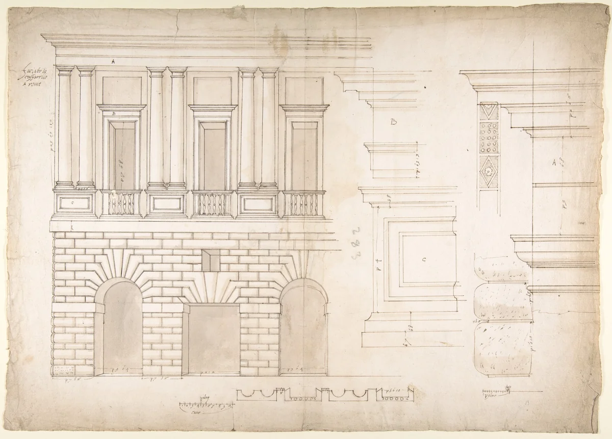 Palazzo Caffarrelli-Vidoni, elevation; details (recto) blank (verso) by anonymous, drawing, 1500-1560