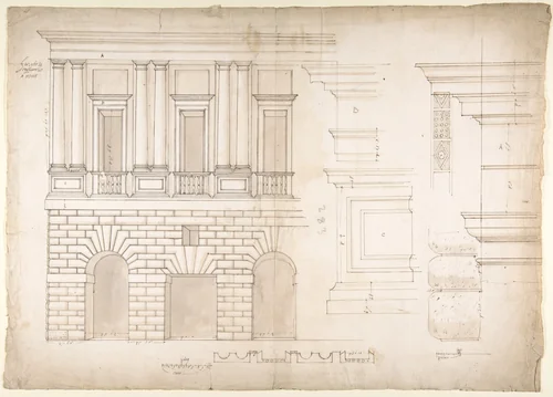 Palazzo Caffarrelli-Vidoni, elevation; details (recto) blank (verso) by anonymous, drawing, 1500-1560