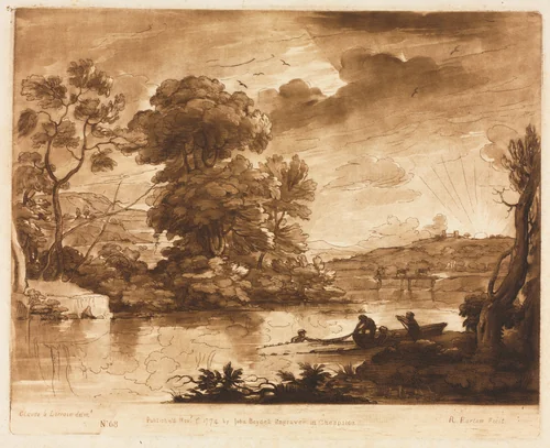 Liber Veritatis: No. 68, A Landscape at Sunset with Fishermen Drawing a Net by Richard Earlom, print, 1774