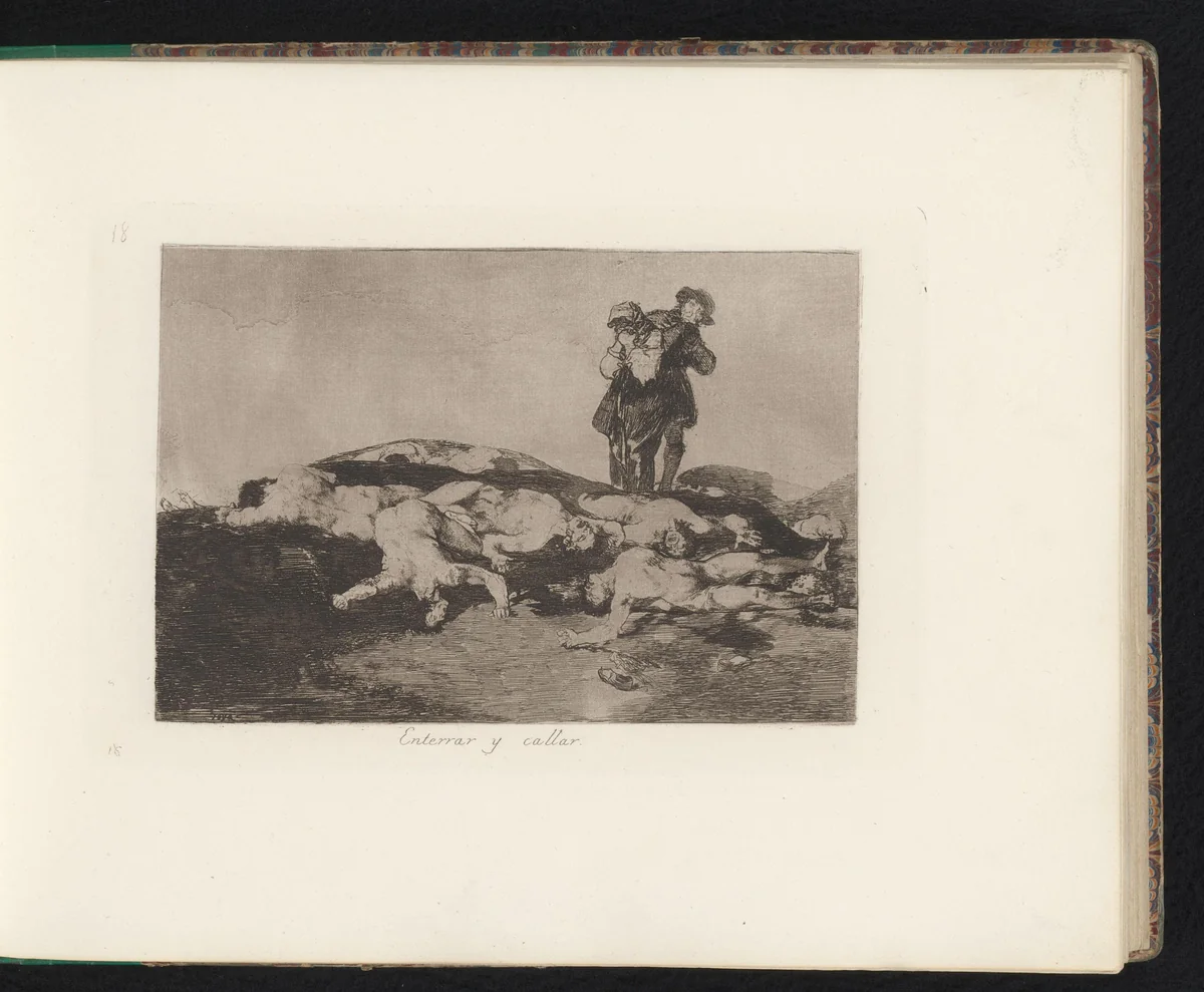 Man en huilende vrouw bij de naakte lichamen van gevallenen op het slagveld by Francisco de Goya, book, 1810-1820