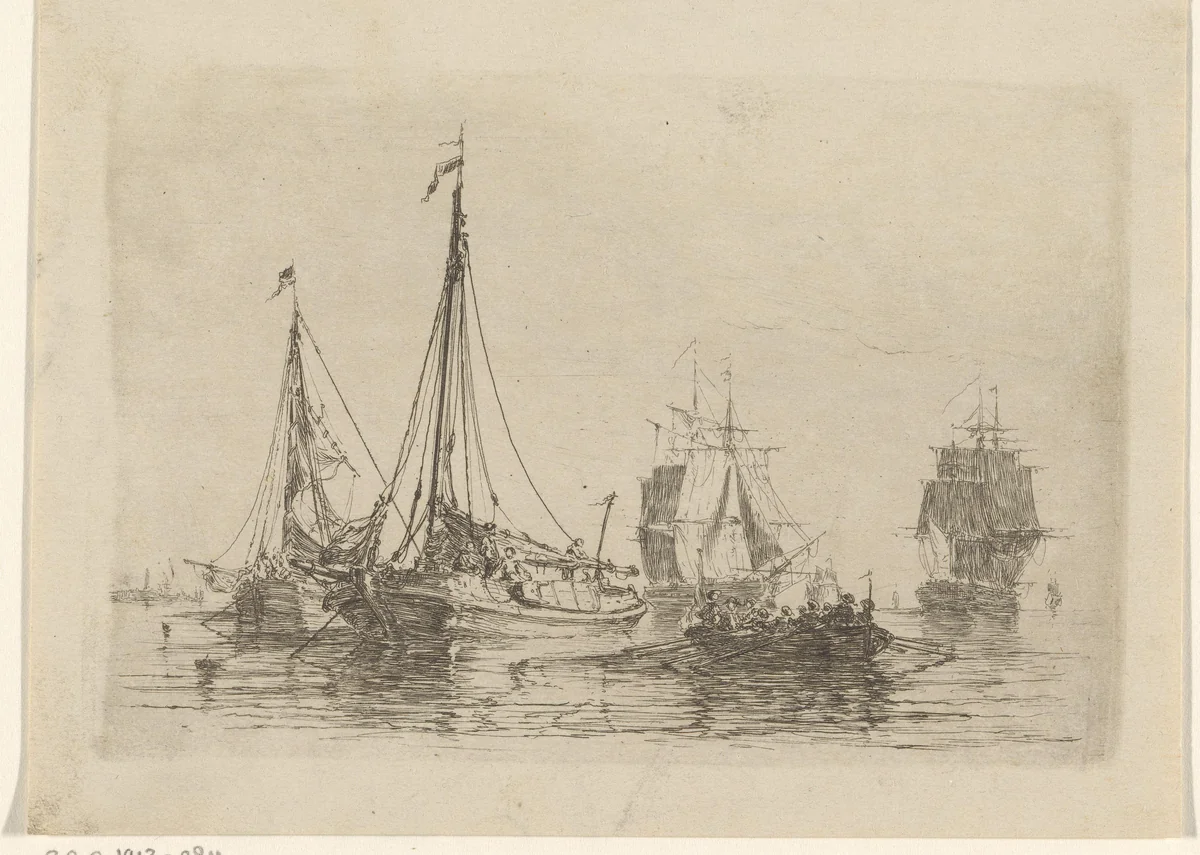 Figuren in een roeiboot op het water tussen de zeilboten by Henri François Schaefels, print, 1860