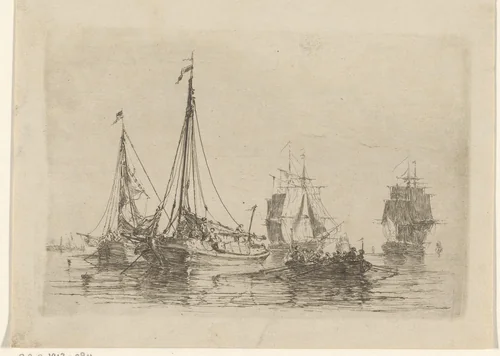 Figuren in een roeiboot op het water tussen de zeilboten by Henri François Schaefels, print, 1860