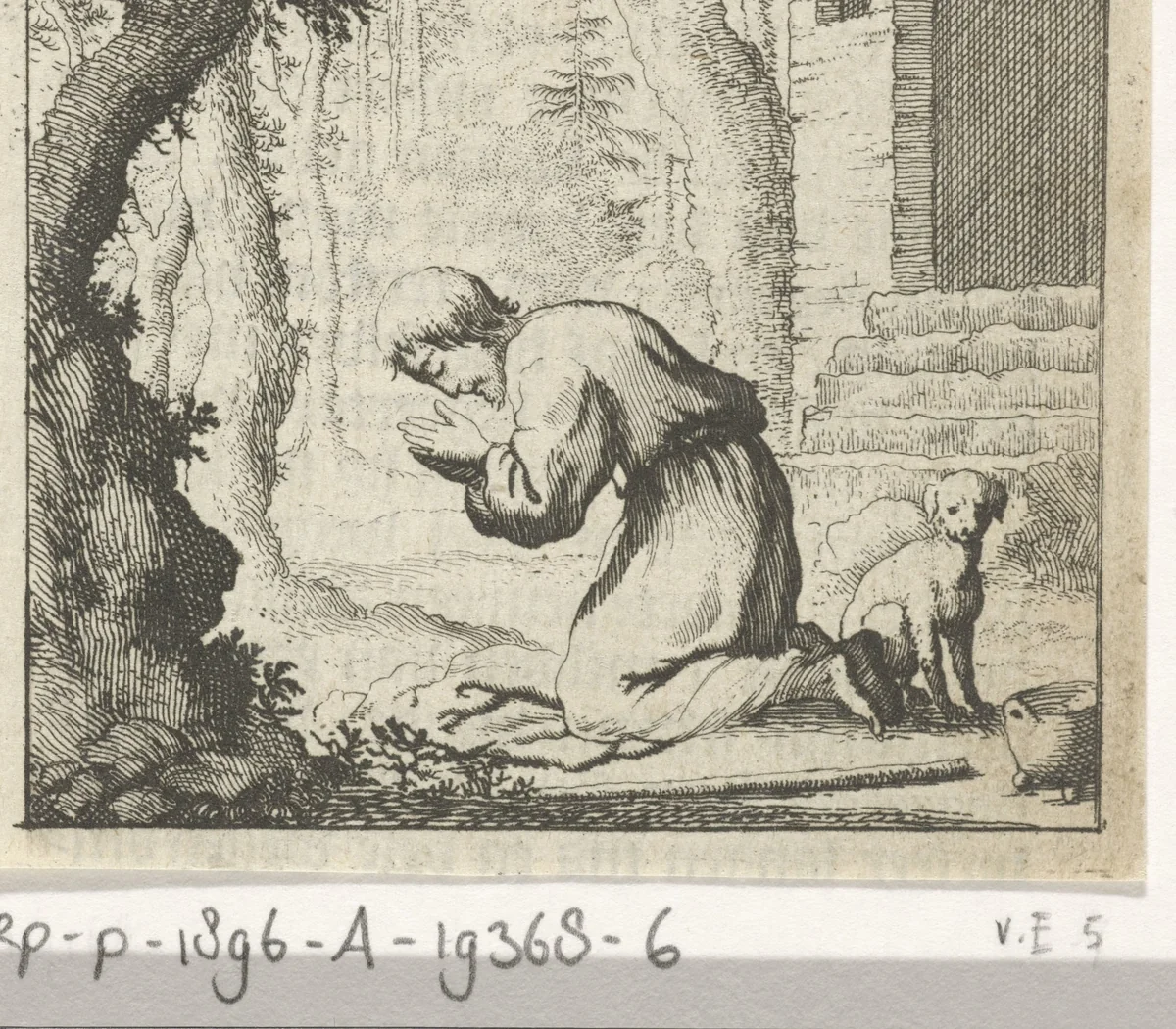 Geknielde man, biddend bij een boom by Jan Luyken, print, 1678-1699