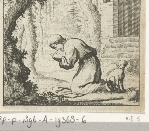 Geknielde man, biddend bij een boom by Jan Luyken, print, 1678-1699