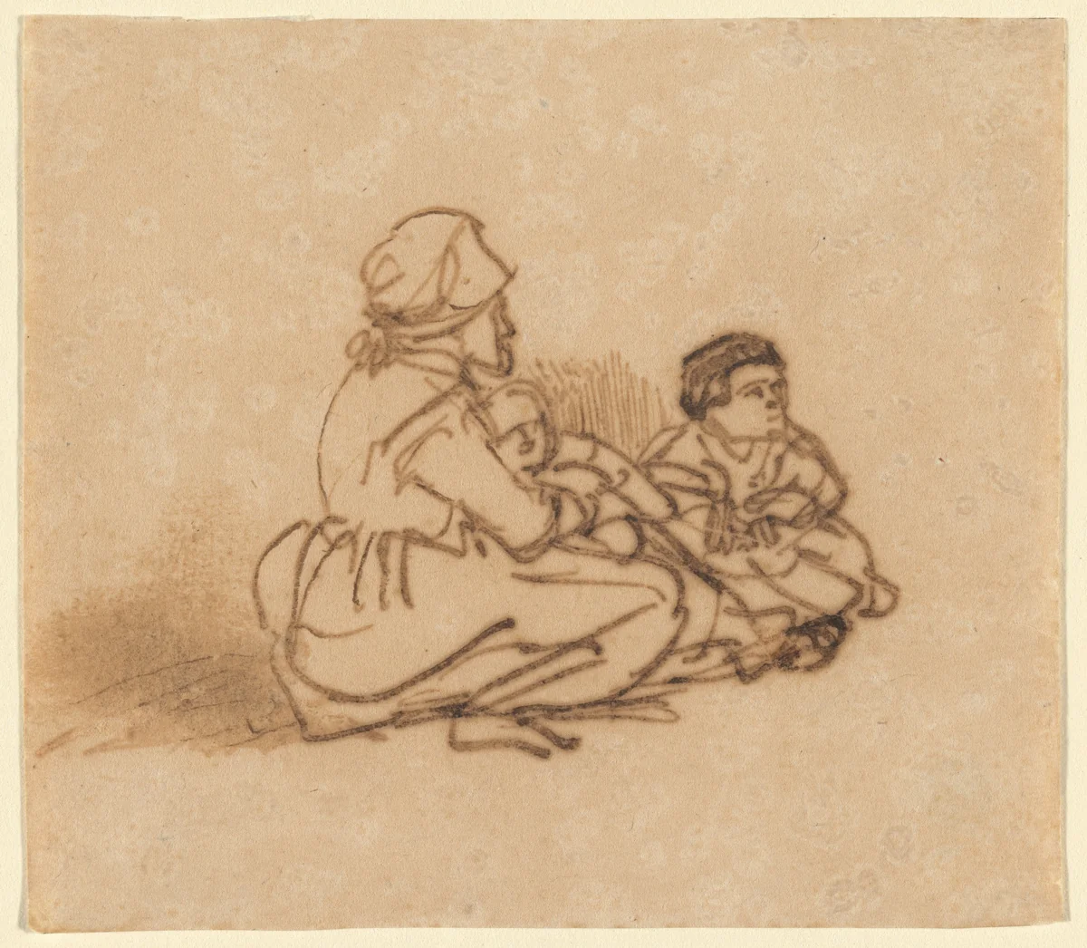 Woman Seated on the Ground with Two Children by Rembrandt van Rijn, drawing, 1635-1640
