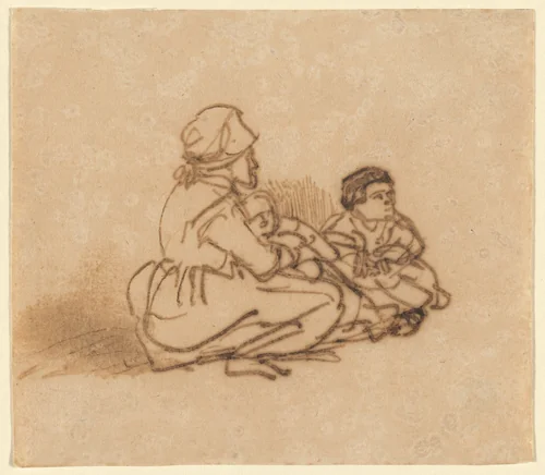 Woman Seated on the Ground with Two Children by Rembrandt van Rijn, drawing, 1635-1640