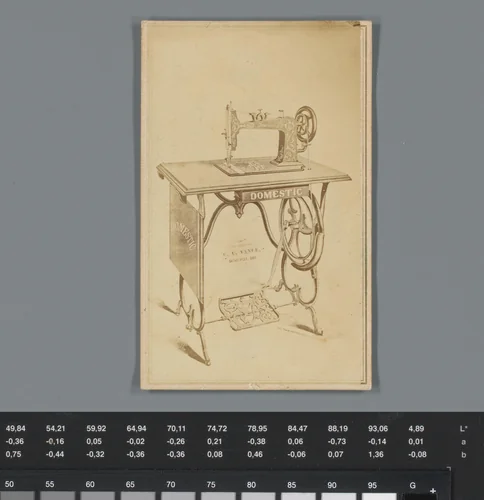 Reclame voor naaimachines van Charles C. Vance te Barnesville met reproductie van een naaimachine by anonymous, photograph, 1850-1915