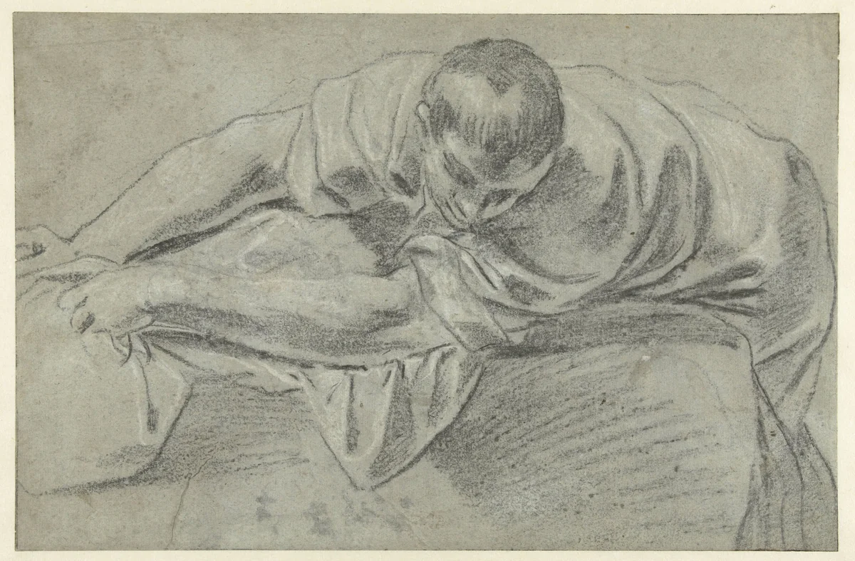 Model Study of a Man Leaning over a Table by Giacomo Cavedone, drawing, 1612