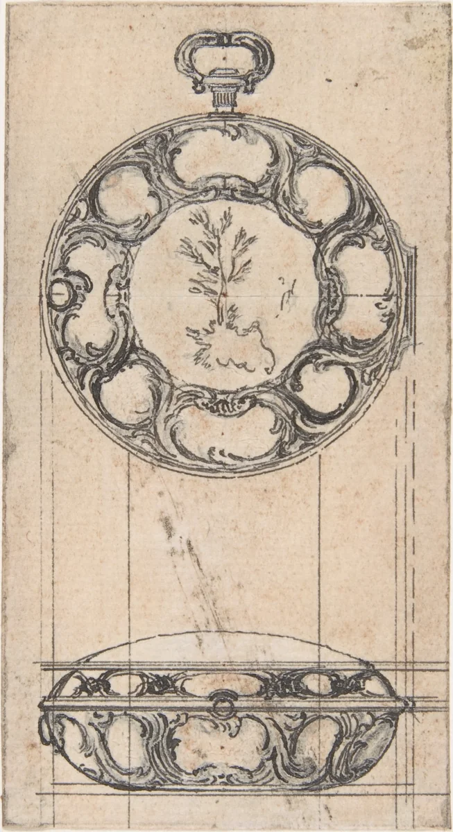 Design for a Gold Watchcase Showing Front and Elevation by Hubert François Gravelot, drawing, 1699-1773