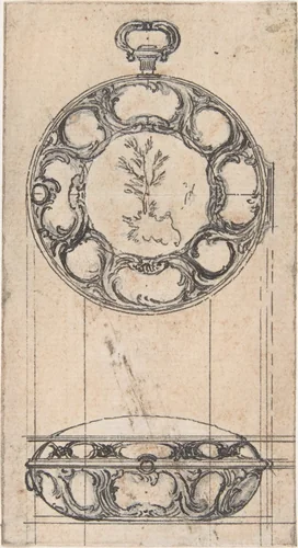 Design for a Gold Watchcase Showing Front and Elevation by Hubert François Gravelot, drawing, 1699-1773