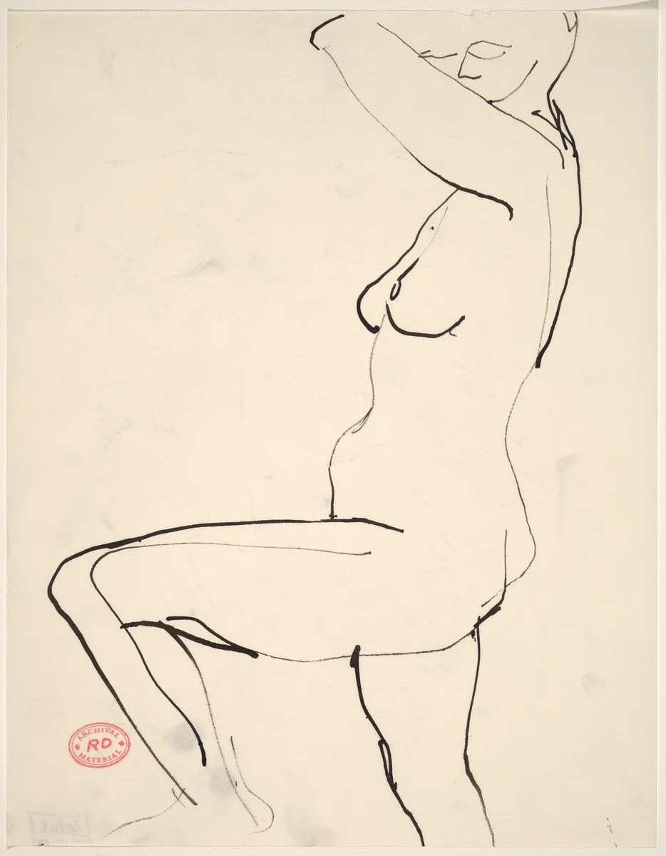 Untitled [side view of standing female nude with arm and leg raised] by Richard Diebenkorn, drawing, 1955-1967